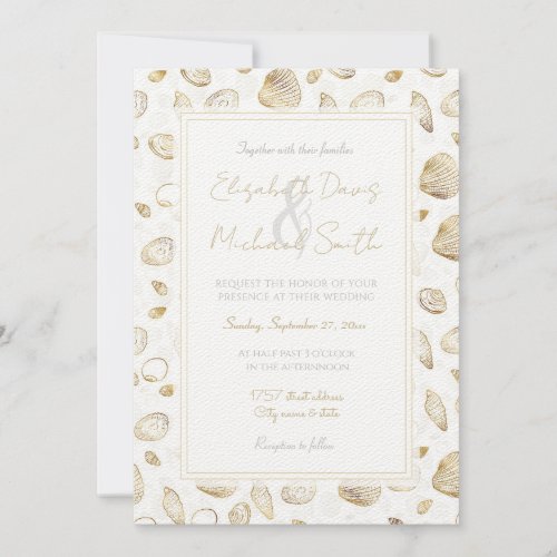 Stylish Gold White Seashells Pattern Invitation