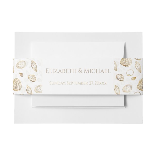 Stylish Gold White Seashells Pattern Invitation Belly Band (Front Example)