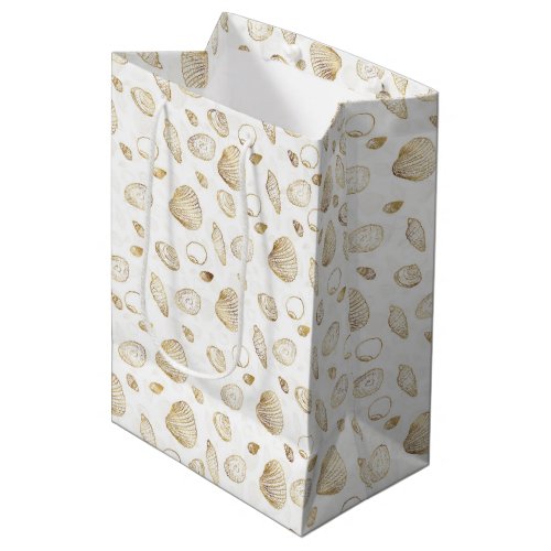 Stylish Gold White Seashells Pattern Medium Gift Bag
