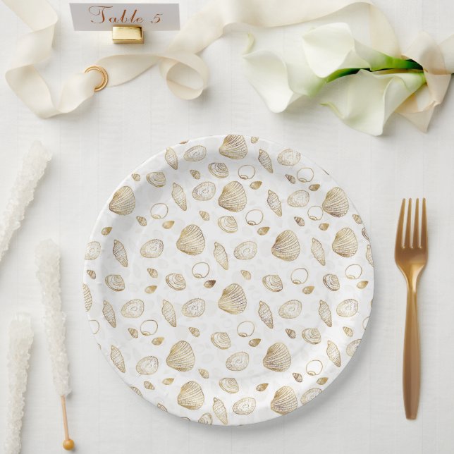 Stylish Gold White Seashells Pattern Paper Plates (Wedding)