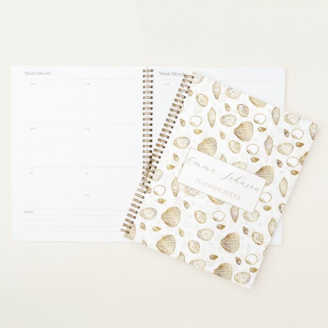 Stylish Gold White Seashells Pattern Planner (Display)