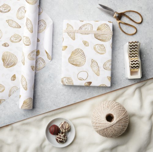 Stylish Gold White Seashells Pattern Wrapping Paper