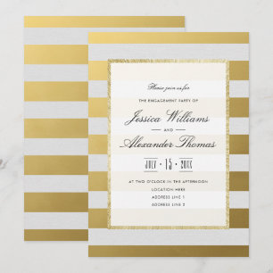 Stylish Gold & White Stripes Engagement Party Invitation