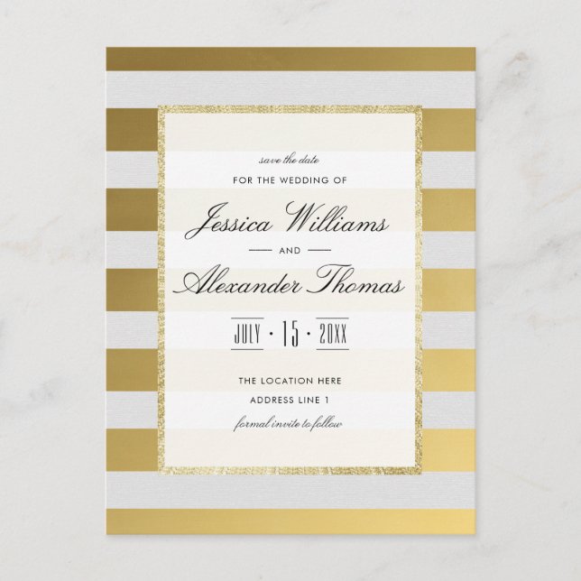 Stylish Gold & White Stripes Wedding Save The Date Announcement Postcard (Front)