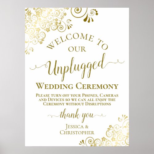 Stylish Gold  White Unplugged Wedding Ceremony Poster