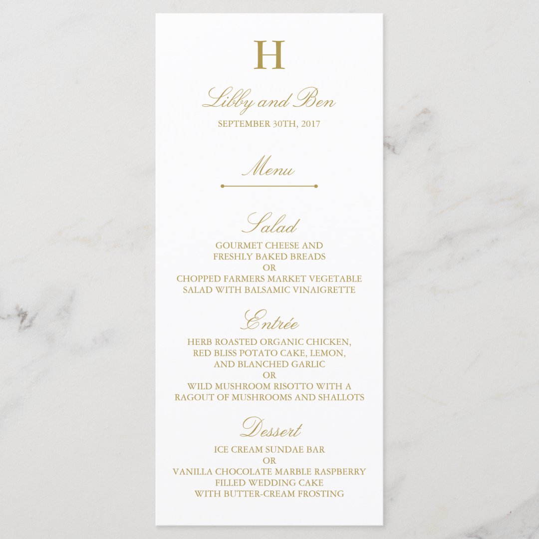 Stylish Gold & White Wedding Menu Template | Zazzle