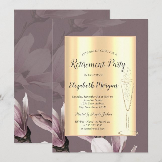 Stylish Gold Wine Glass Magnolia Retirement  Invitation (Front/Back)