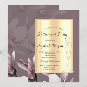 Stylish Gold Wine Glass Magnolia Retirement  Invitation
