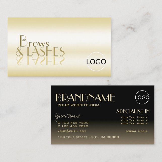 Stylish Gold with Black Chic Mirror Font and Logo Business Card (Front/Back)