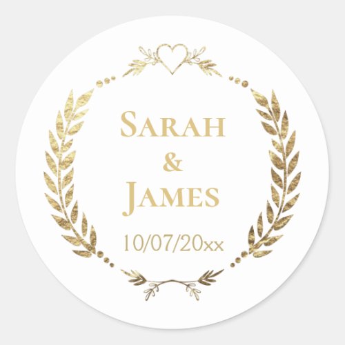 Stylish Gold Wreath w Heart Personalized Wedding Classic Round Sticker