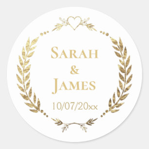 Stylish Gold Wreath w/ Heart Personalized Wedding Classic Round Sticker