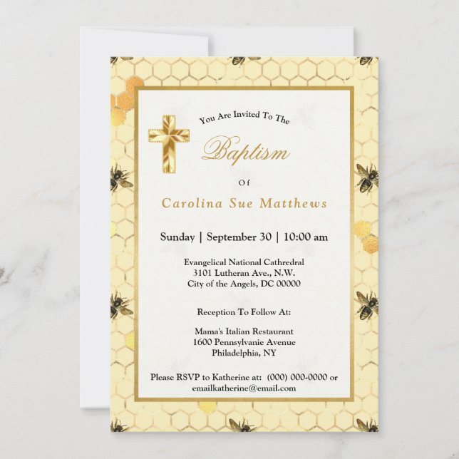 Stylish Gold Yellow Bees Honeycomb Baptism Invitation (Front)