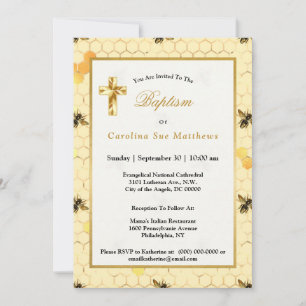 Stylish Gold Yellow Bees Honeycomb Baptism Invitation