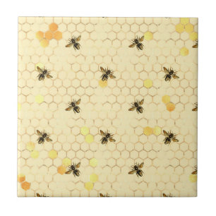 Stylish Gold Yellow Bees Honeycomb Ceramic Tile
