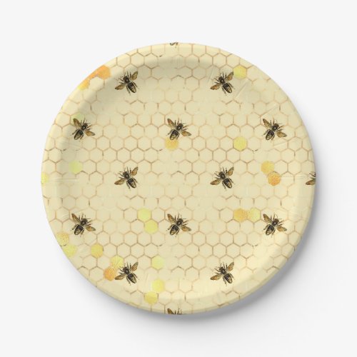 Stylish Gold Yellow Bees Honeycomb Paper Plates