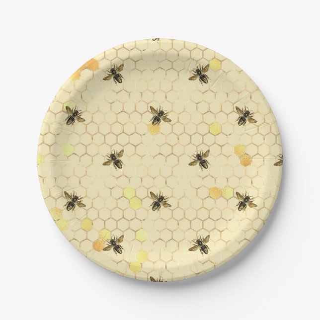Stylish Gold Yellow Bees Honeycomb Paper Plates (Front)