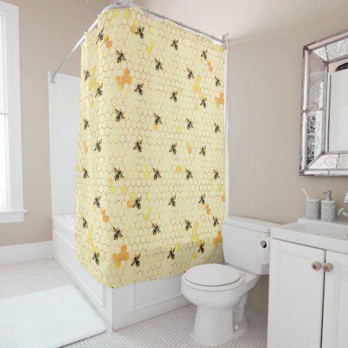 Stylish Gold Yellow Bees Honeycomb Shower Curtain