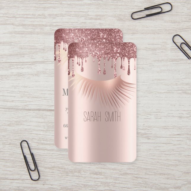 Stylish  Golde Rose Glitter Drips Eyelashes Business Card (Front/Back In Situ)