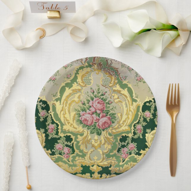 Stylish Golden Baroque Rococo Pink Roses Wedding Paper Plates (Wedding)