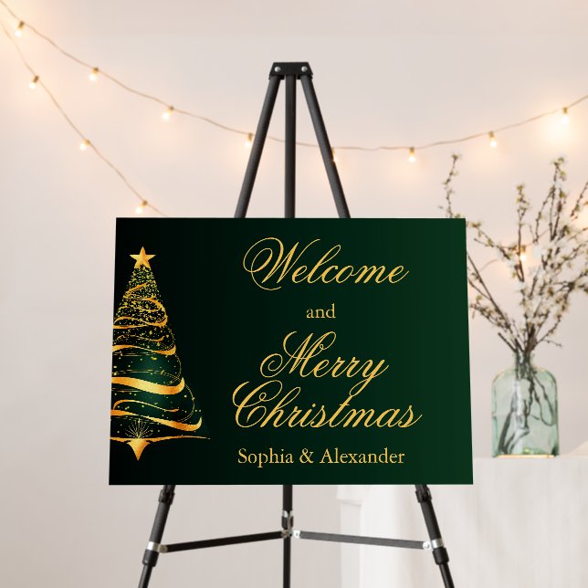 Stylish Golden Christmas Tree Wedding Welcome Sign (In Situ (Stand))