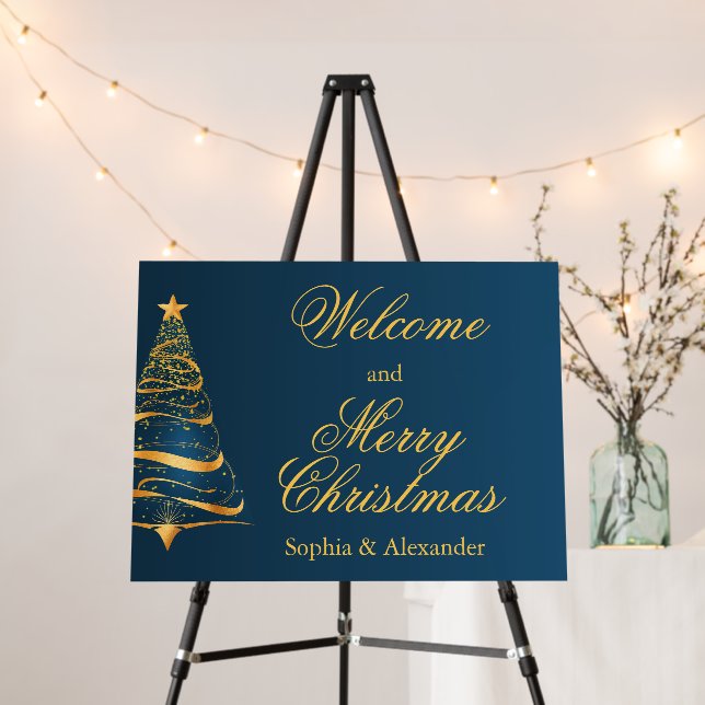 Stylish Golden Christmas Tree Wedding Welcome Sign (In Situ (Stand))