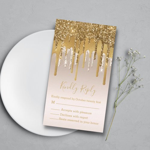 stylish golden dripping glitters rsvp wedding  note card