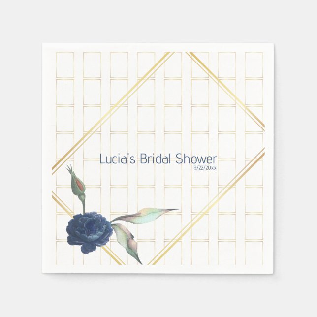 Stylish Golden Fram Navy Blue Floral Bridal Shower Napkins (Front)