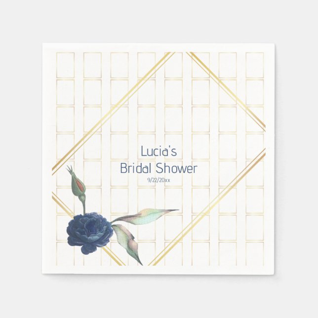 Stylish Golden Frame Navy Floral Bridal Shower Napkins (Front)