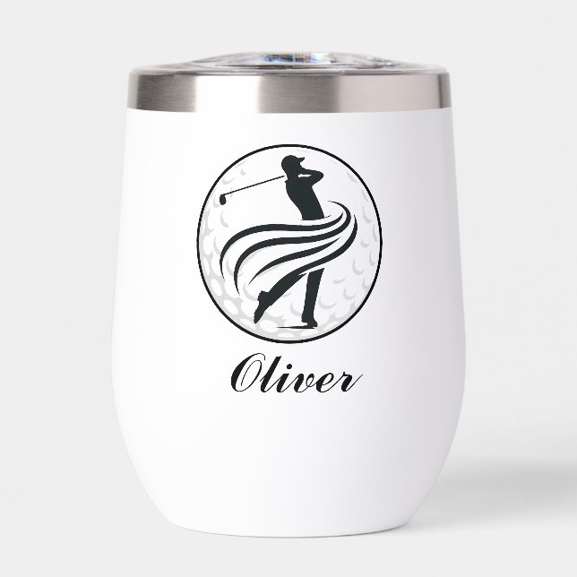 Stylish Golfer Silhouette Personalized Thermal Wine Tumbler (Front)