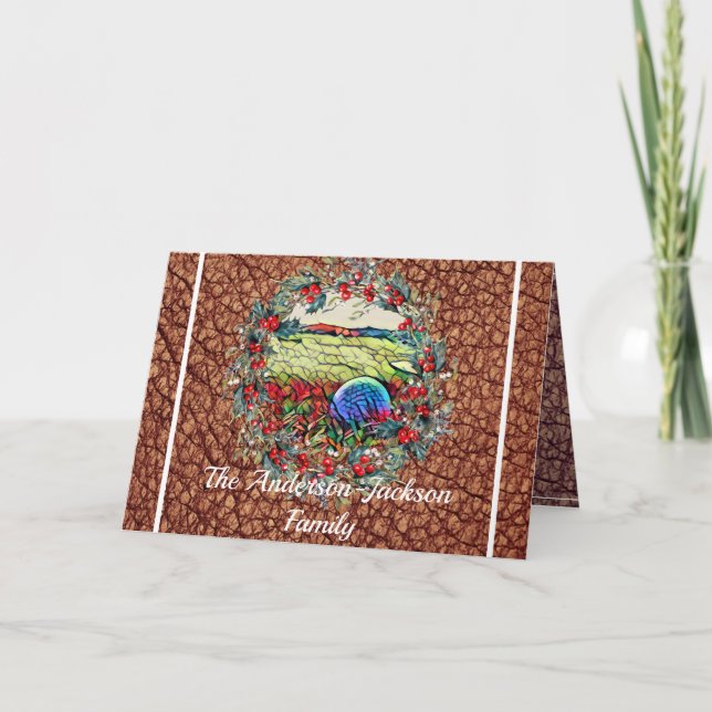Stylish Golfers Masculine Brown Faux Leather Xmas Holiday Card (Front)