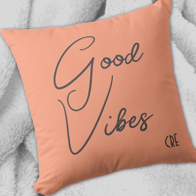 Stylish Good Vibes Monogram Salmon & Grey Throw Pillow (Creator Uploaded)