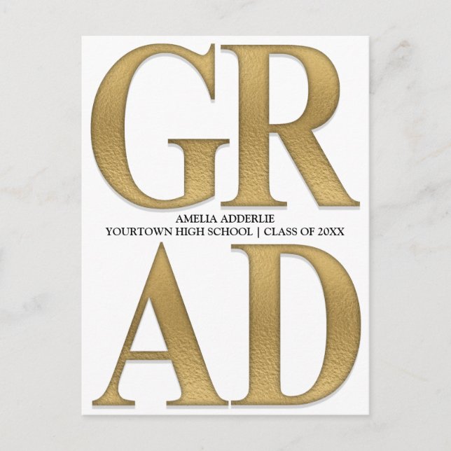 Stylish Grad Announcement Invitation White Gold (Front)