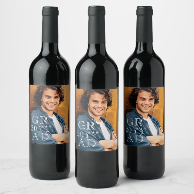 Stylish Grad Photo Date Graduation Simple Script Wine Label (Bottles)