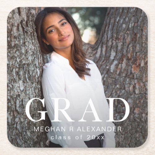 Stylish Grad Typography Graduation Photo Square Paper Coaster