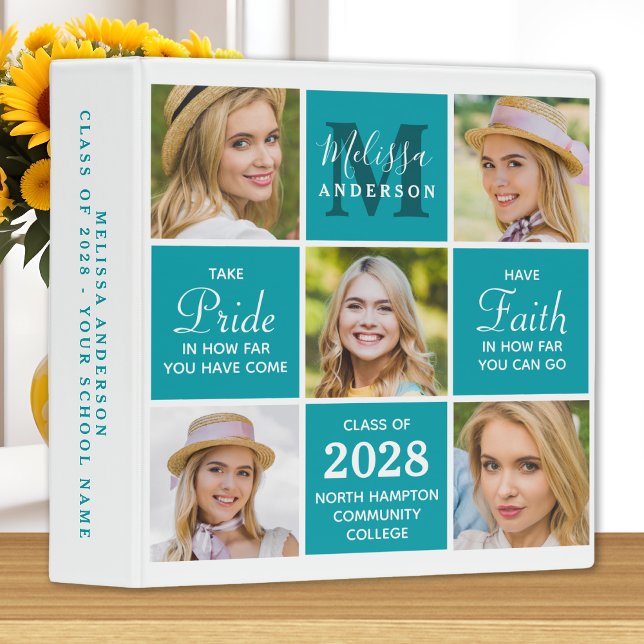 Stylish Graduate 5 Photo Teal Scrapbook Graduation 3 Ring Binder (Creator Uploaded)