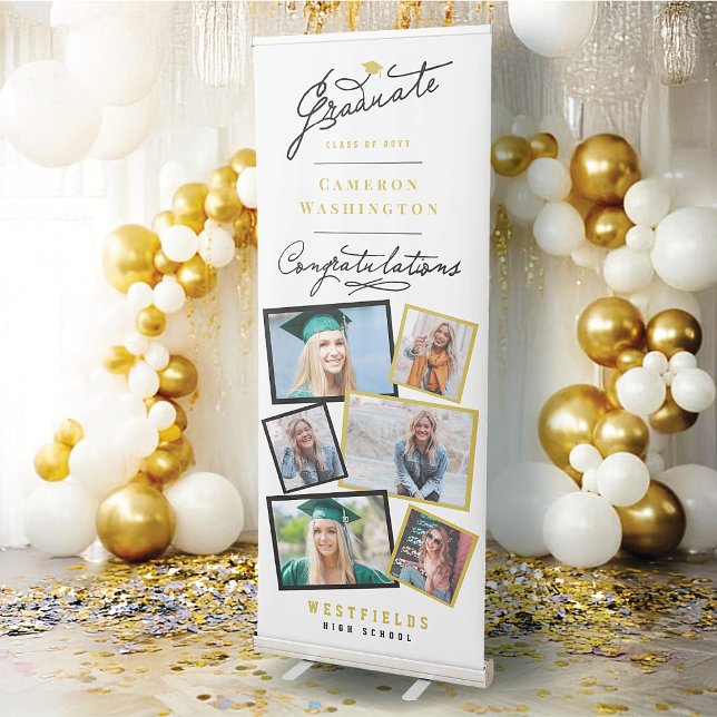 Stylish Graduate Script 6 Photo Graduation Party Retractable Banner (Stylish Graduate Script 6 Photo Graduation Party Retractable Banner @ zazzle.com/color_therapy)