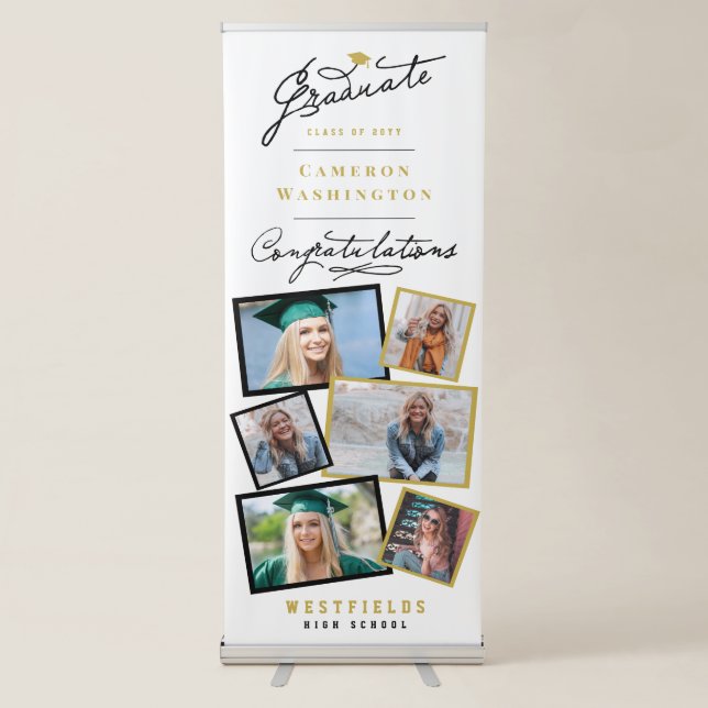 Stylish Graduate Script 6 Photo Graduation Party Retractable Banner (Front)