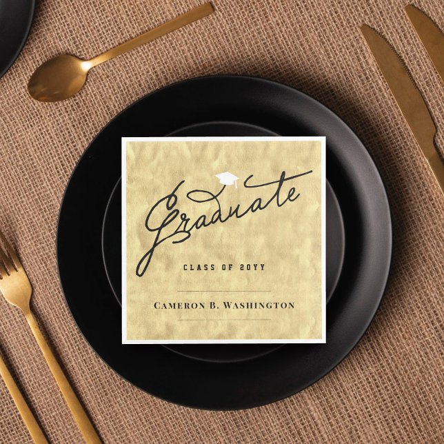 Stylish Graduate Script Gold Foil Graduation Party Paper Dinner Napkins (Stylish Graduate Script Gold Foil Graduation Cap Grad Party Paper Napkin @ zazzle.com/color_therapy)