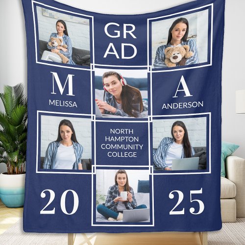 Stylish Graduation 6 Photo Navy Blue Graduation  Fleece Blanket