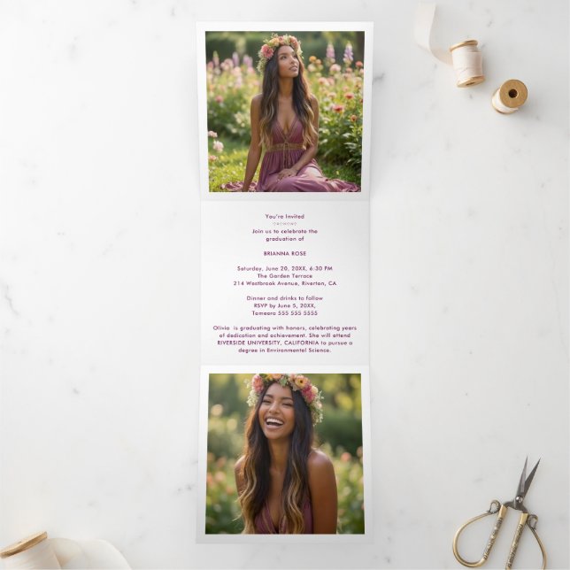 Stylish Graduation Cap Plum Tones & Gold  Tri-Fold Announcement (Inside)