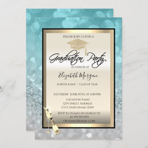 Stylish Graduation CapWine Glass Bokeh Graduation Invitation