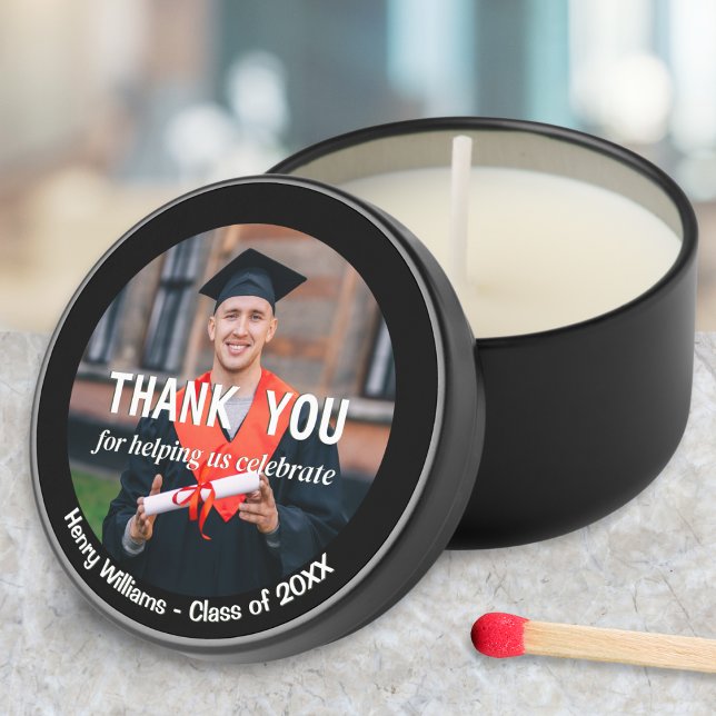 Stylish Graduation Custom Photo Name and Year Mini Candle Favors (A graduation mini candle 'Thank You' favor, with graduate's photo, name and 'class of' year)