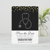 Stylish Graduation Party Gray on Black Stethoscope Save The Date (Standing Front)