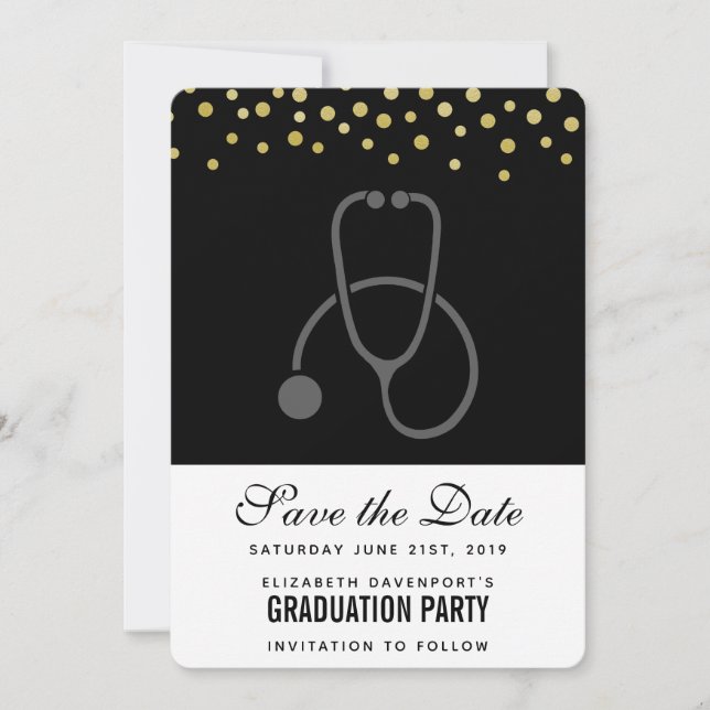 Stylish Graduation Party Gray on Black Stethoscope Save The Date (Front)
