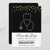 Stylish Graduation Party Gray on Black Stethoscope Save The Date (Front/Back)
