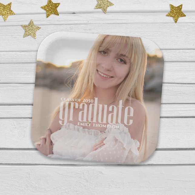 Stylish Graduation Photo Collage Party Design Paper Plates (Custom grad plate featuring minimalist photo styling.)