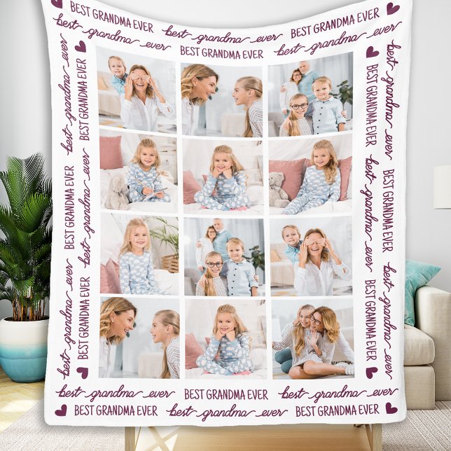 Stylish GRANDMA Personalized 12 Photo Collage Fleece Blanket (Creator Uploaded)