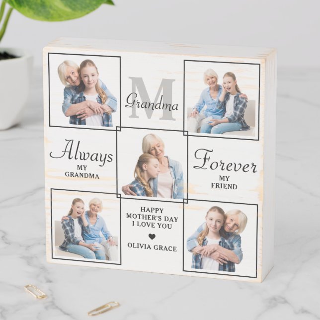 Stylish GRANDMA Personalized 5 Photo Collage Wooden Box Sign (In Situ Horizontal)