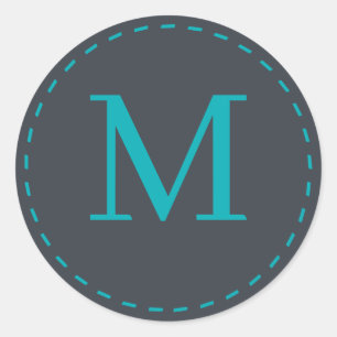 Stylish Gray and Cyan colors Monogrammed Classic Round Sticker
