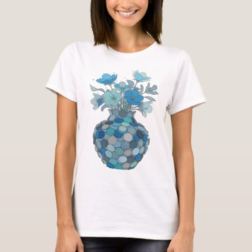 Stylish Gray BLUE FLORAL VASE Slogan Design T-Shirt
